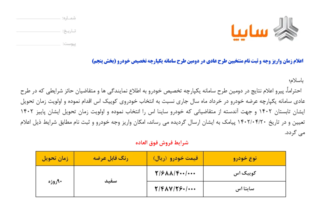 آغاز فروش فوق العاده ویژه سایپا / فروش کوئیک و ساینا با تحویل سه ماهه + جدول 2