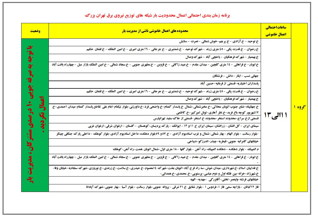 جدول قطع برق مناطق مختلف شهر تهران (1)