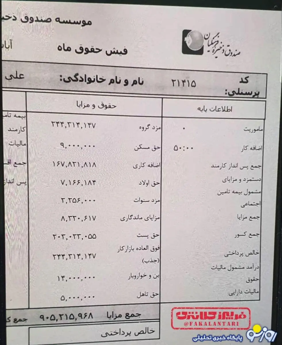 فیش حقوقی صندوق دخیره
