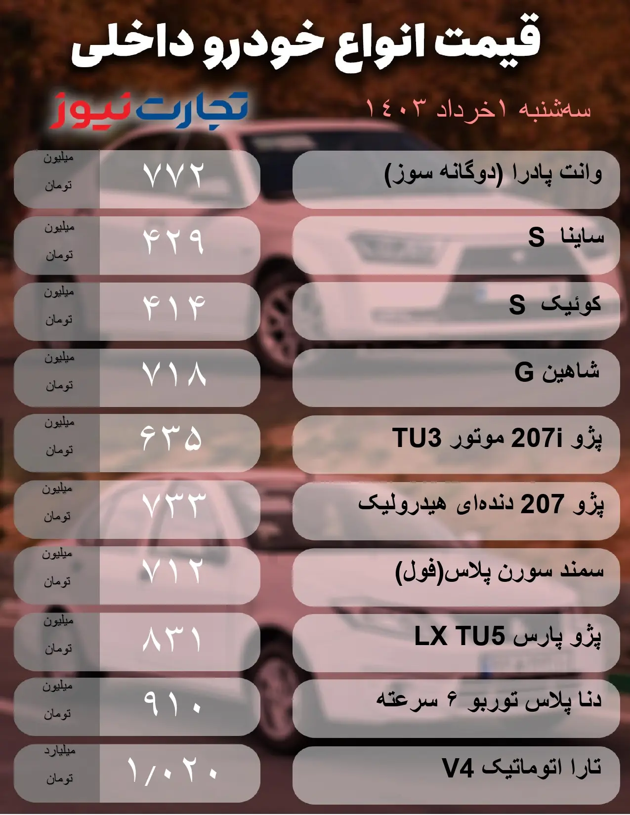 قیمت خودرو داخلی