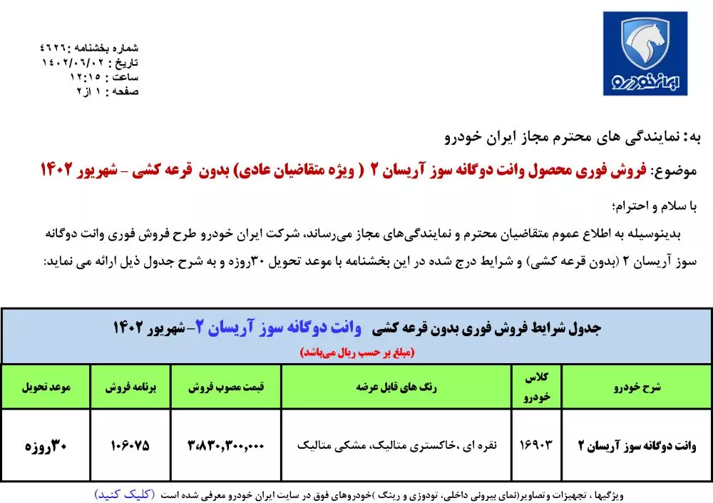 فروش فوق العاده جدید ایران خودرو ویژه شهریور 1402 اعلام شد / بدون قرعه کشی صاحب این خودرو شوید + جدول 2