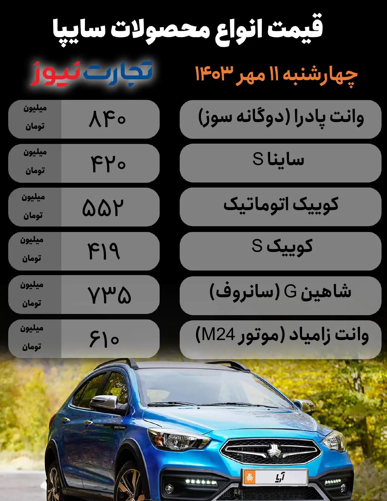 قیمت محصولات سایپا امروز 11 مهر 1403 / افزایش 17 میلیونی این خودرو تعجب آور شد 2