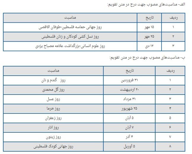 تقویم مناسبت ها