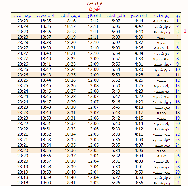 اوقات شرعی در ماه رضمان